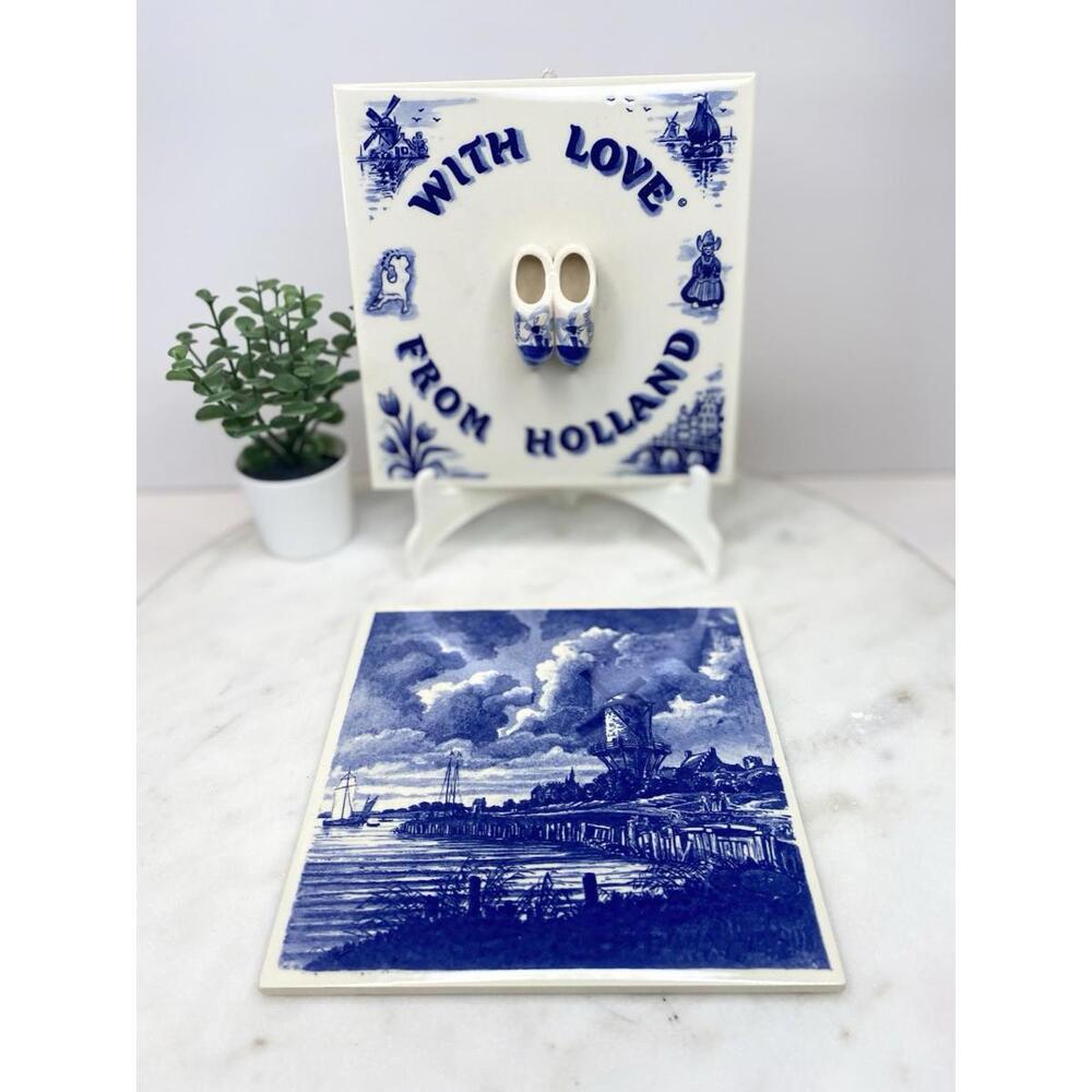 Vintage Royal Delft Holland Ceramic Tile Handpainted Signed Numbered Blue Trivet
